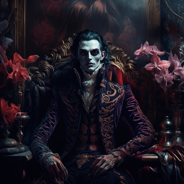 A hyper-realistic 3D image of a Rococo-era vampire in a grand room filled with vibrant flowers, exuding both gothic vibes and floral aesthetics under a radiant light.