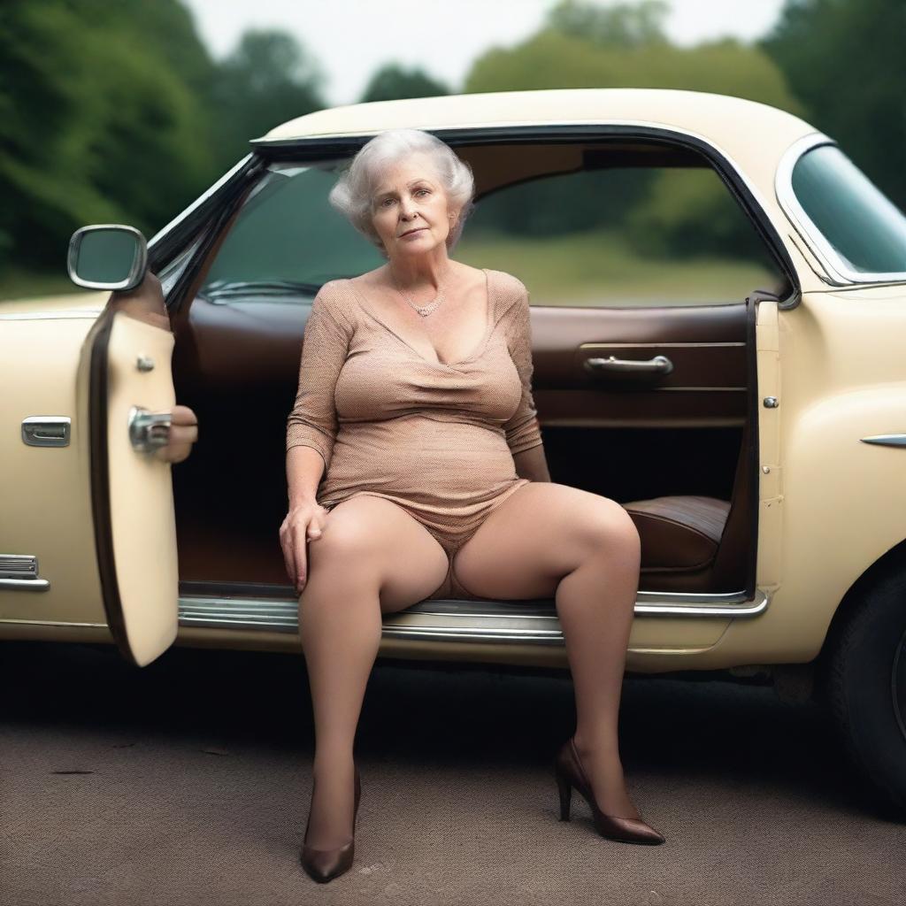 An ultra-realistic photograph portrays a 60-year-old grandmother, exuding confidence and allure