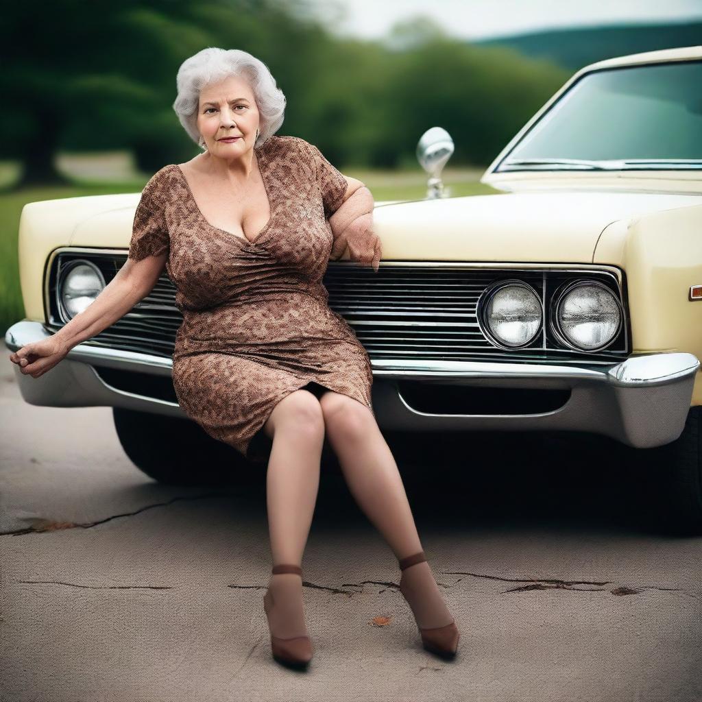 An ultra-realistic photograph portrays a 60-year-old grandmother, exuding confidence and allure