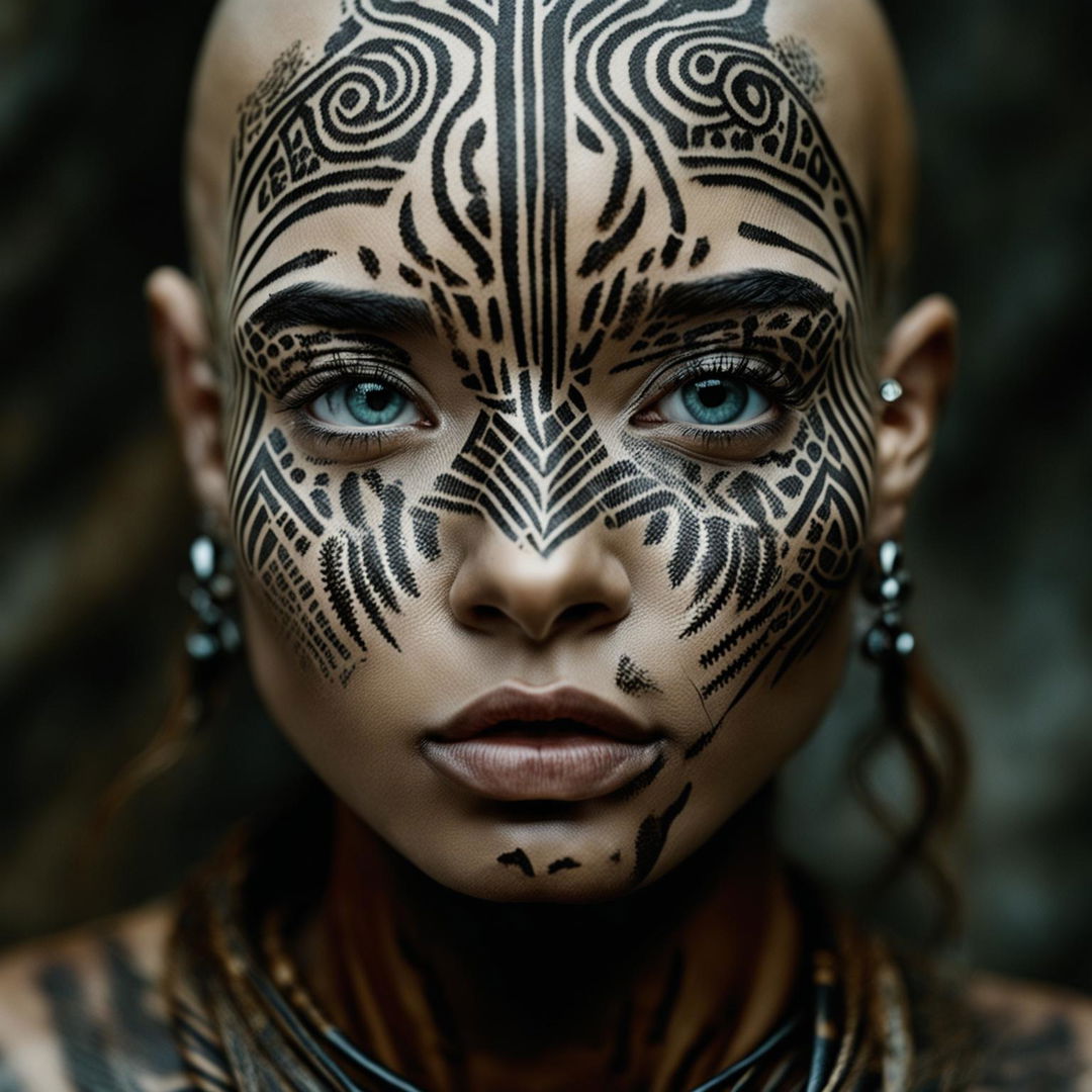 Ultra-close up Vogue-style shot of a stunning post-apocalyptic model with patterned head markings. Her intense gaze is the focal point of the image.