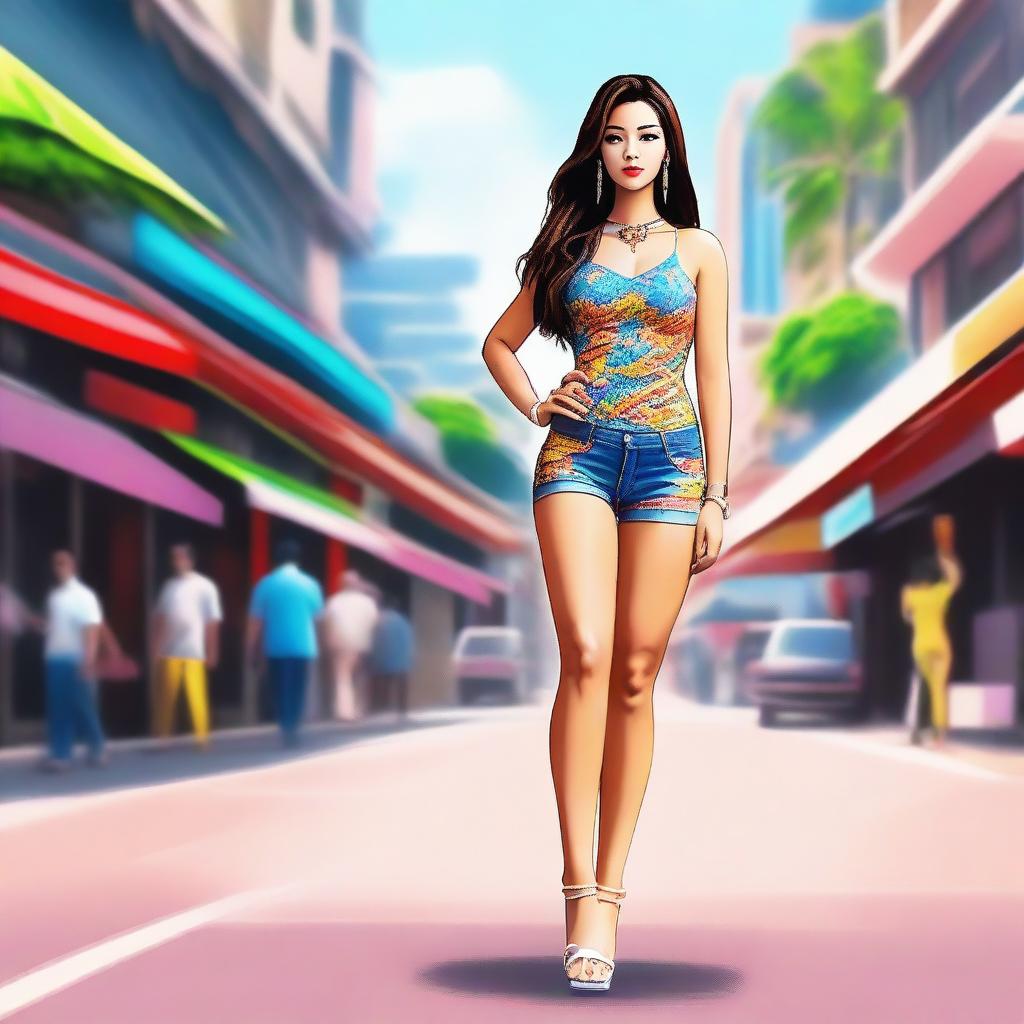 A digital art piece of a confident individual, who identifies as a ladyboy, taking a stroll