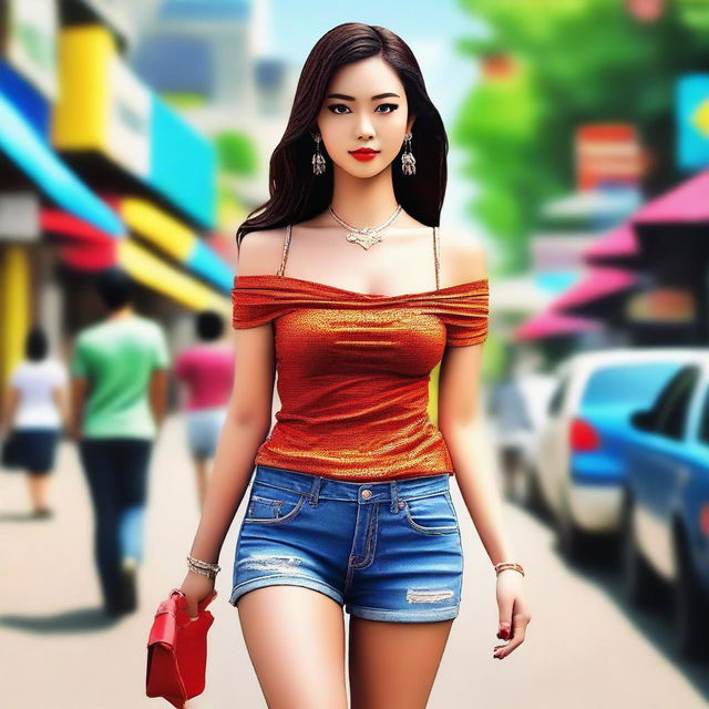 A digital art piece of a confident individual, who identifies as a ladyboy, taking a stroll