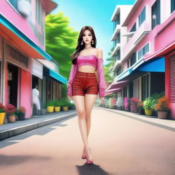 A digital art piece of a confident individual, who identifies as a ladyboy, taking a stroll