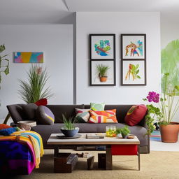 A cozy, well-lit living room with a modern design, featuring comfortable furniture, colorful cushions, a stylish coffee table, plants, and pieces of artwork on the walls