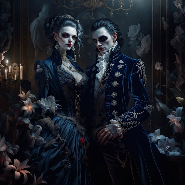 A hyper-realistic 3D image of a Rococo-era vampire couple in a grand room filled with dark flowers, exuding both gothic vibes and floral aesthetics.