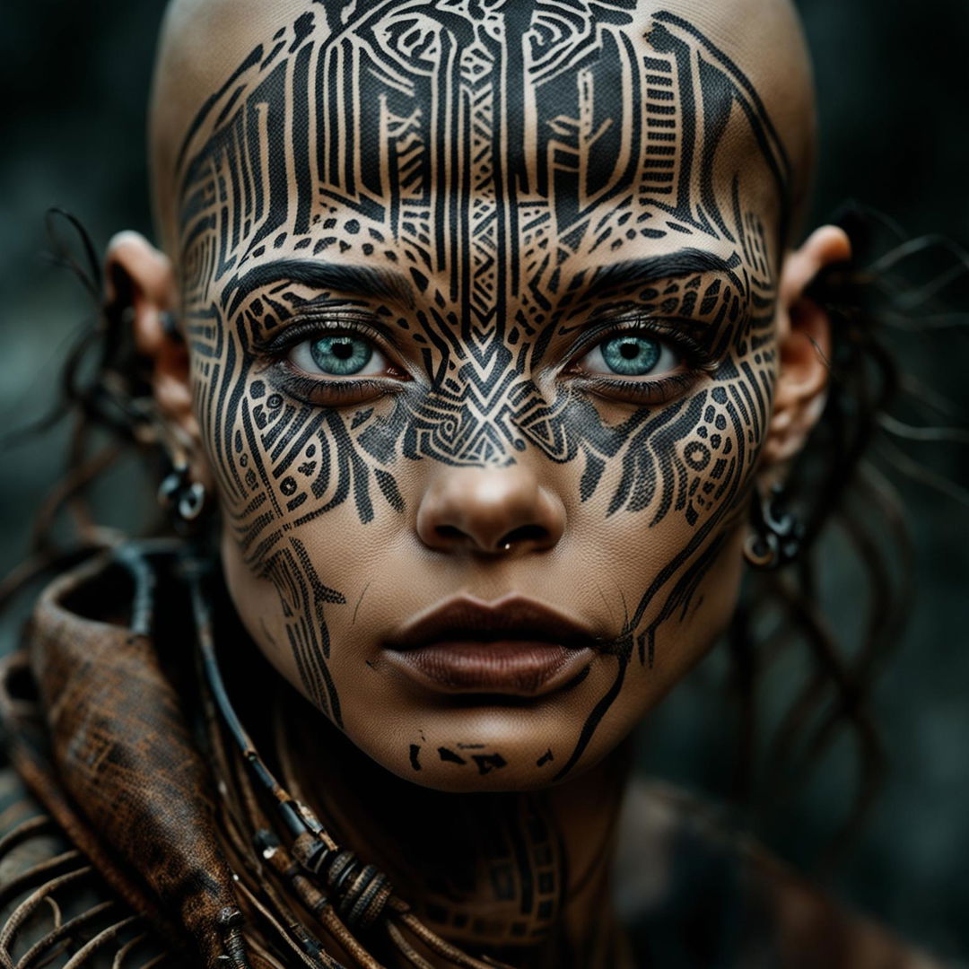 Ultra-close up Vogue-style shot of a post-apocalyptic model with patterned head markings on her scalp. Her eyes, filled with intense emotion, are the focal point.