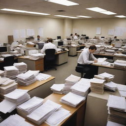 An authentic office environment filled with busy workers, documents scattered on desks, a running photocopier, and organized chaos indicative of documentary-style work.