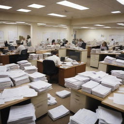 An authentic office environment filled with busy workers, documents scattered on desks, a running photocopier, and organized chaos indicative of documentary-style work.