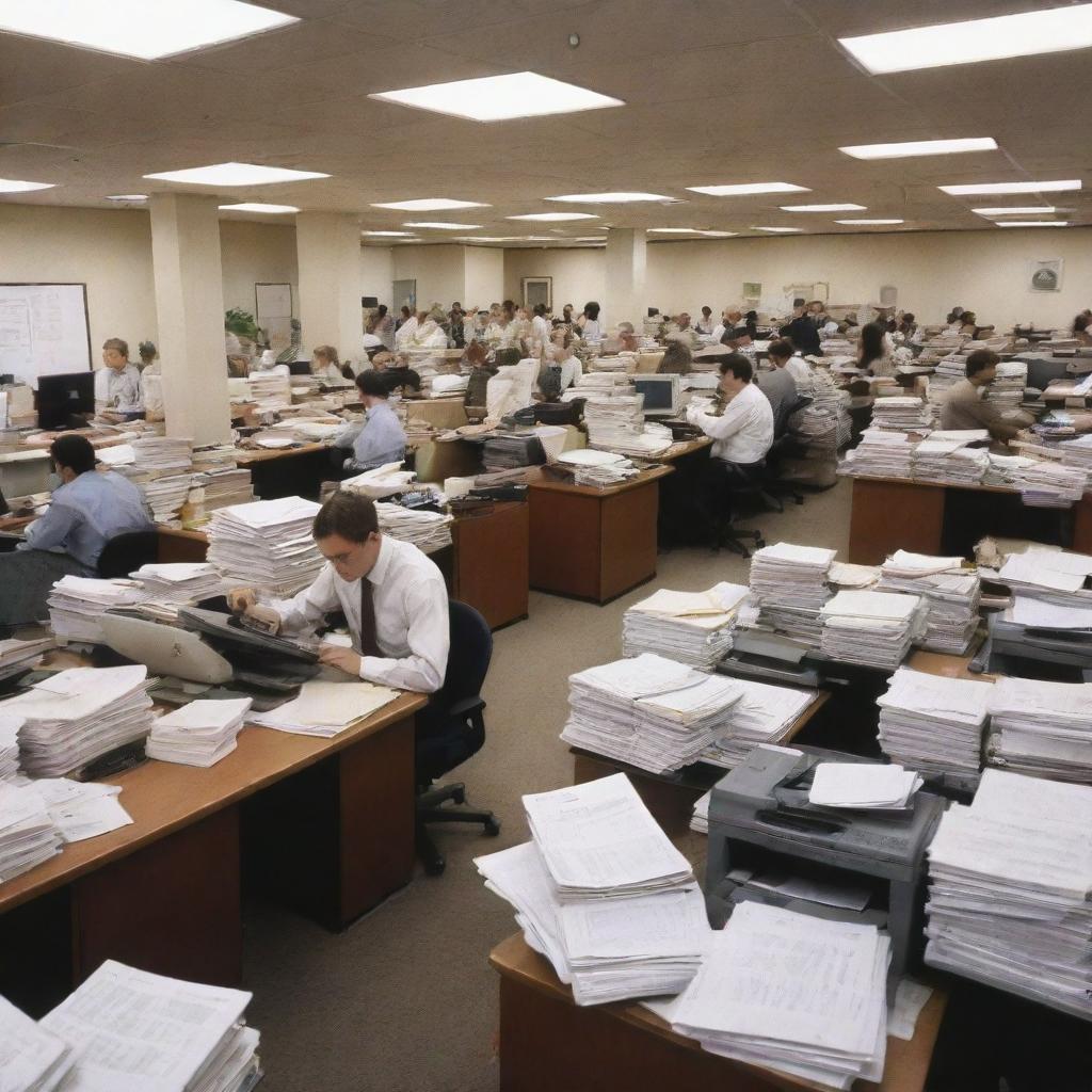 An authentic office environment filled with busy workers, documents scattered on desks, a running photocopier, and organized chaos indicative of documentary-style work.