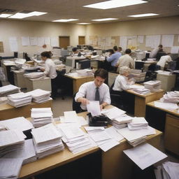 An authentic office environment filled with busy workers, documents scattered on desks, a running photocopier, and organized chaos indicative of documentary-style work.