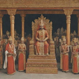 Yudhistira, dressed in royal attire, being crowned as the king of Hastinapura. The court is abound with cheer, and stately figures of royalty and warriors look on as the grand ceremony unfolds under an ornately decorated palace.