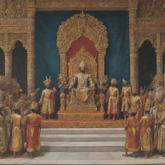 Yudhistira, dressed in royal attire, being crowned as the king of Hastinapura. The court is abound with cheer, and stately figures of royalty and warriors look on as the grand ceremony unfolds under an ornately decorated palace.