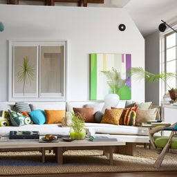 A cozy, well-lit living room with a modern design, featuring comfortable furniture, colorful cushions, a stylish coffee table, plants, and pieces of artwork on the walls