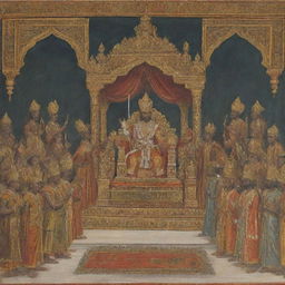 Yudhistira, dressed in royal attire, being crowned as the king of Hastinapura. The court is abound with cheer, and stately figures of royalty and warriors look on as the grand ceremony unfolds under an ornately decorated palace.