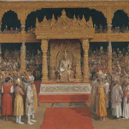 Yudhistira, dressed in royal attire, being crowned as the king of Hastinapura. The court is abound with cheer, and stately figures of royalty and warriors look on as the grand ceremony unfolds under an ornately decorated palace.