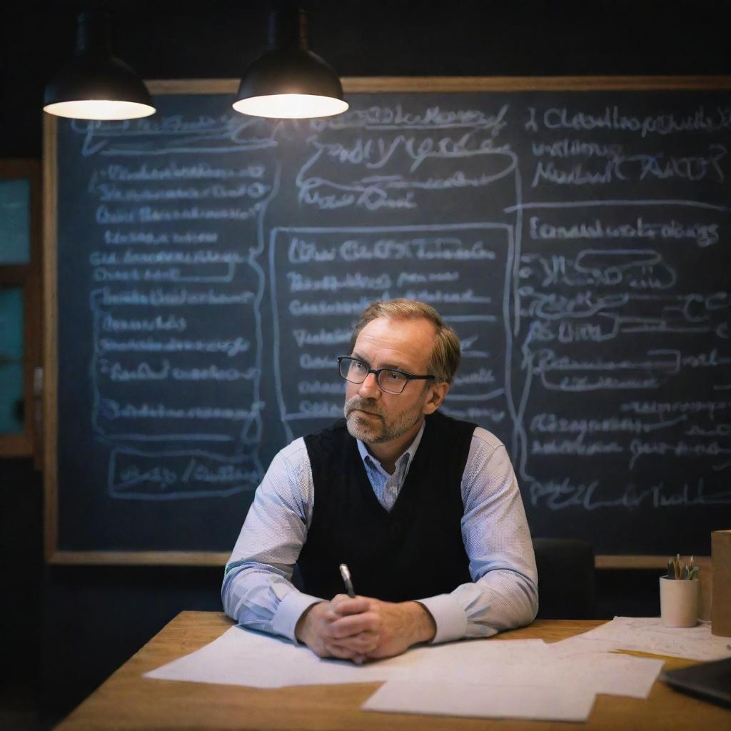 A creative innovator deeply engrossed in thought, with chalkboard full of ideas and inventions behind him. The scene is in a lit-up office late at night.