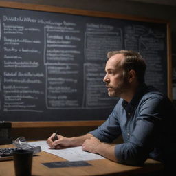 A creative innovator deeply engrossed in thought, with chalkboard full of ideas and inventions behind him. The scene is in a lit-up office late at night.