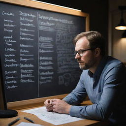 A creative innovator deeply engrossed in thought, with chalkboard full of ideas and inventions behind him. The scene is in a lit-up office late at night.