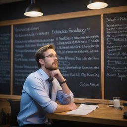 A creative innovator deeply engrossed in thought, with chalkboard full of ideas and inventions behind him. The scene is in a lit-up office late at night.