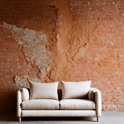 A simple aesthetic room that includes a cozy sofa and a rugged brick wall contributing to a warm, inviting space.