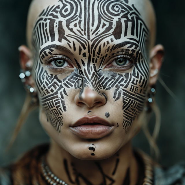 Ultra-close up Vogue-style shot of a stunning post-apocalyptic model with Scandinavian features, patterned head markings, and piercing eyes.