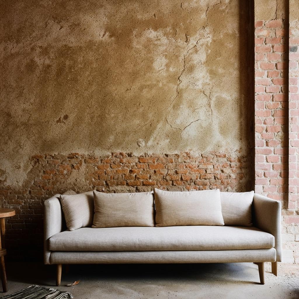 A simple aesthetic room that includes a cozy sofa and a rugged brick wall contributing to a warm, inviting space.