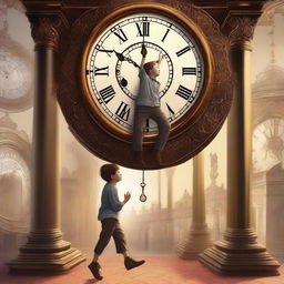 A high-quality digital art image depicting a young boy precariously hanging from the hand of a gigantic clock