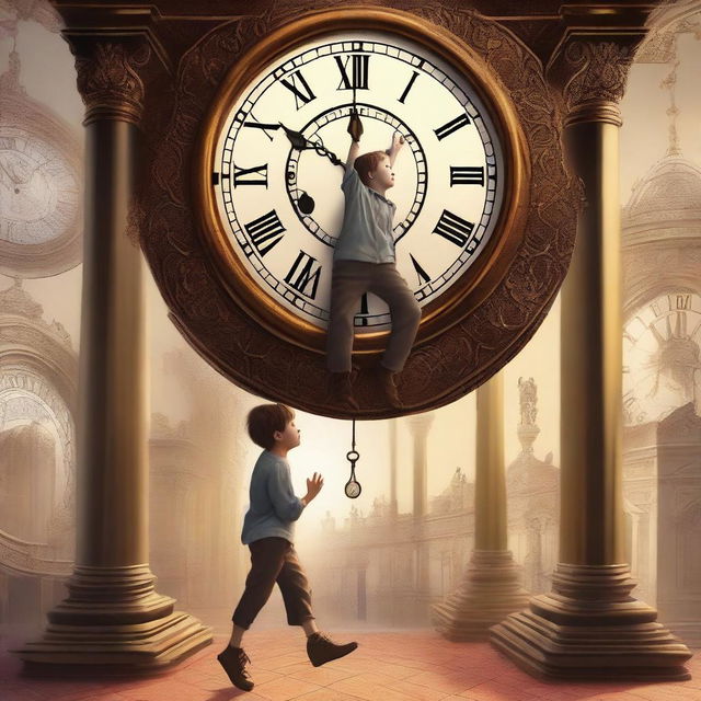 A high-quality digital art image depicting a young boy precariously hanging from the hand of a gigantic clock