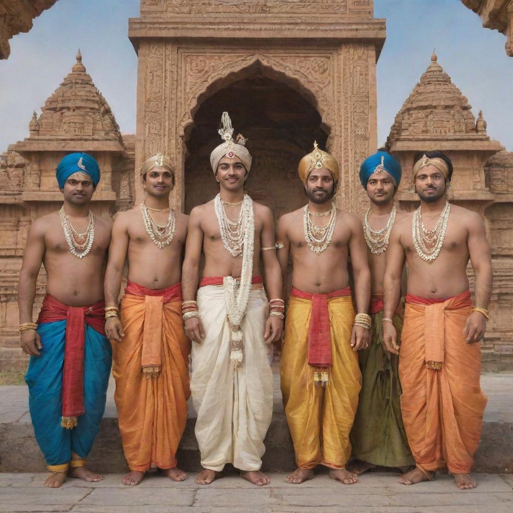 Krishna and the Five Pandavas standing together in traditional attire with a historic Indian backdrop