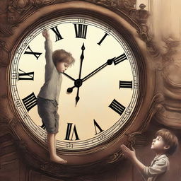 A high-quality digital art image depicting a young boy precariously hanging from the hand of a gigantic clock