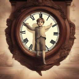 A high-quality digital art image depicting a young boy precariously hanging from the hand of a gigantic clock