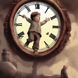 A high-quality digital art image depicting a young boy precariously hanging from the hand of a gigantic clock