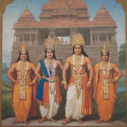 Krishna and the Five Pandavas standing together in traditional attire with a historic Indian backdrop