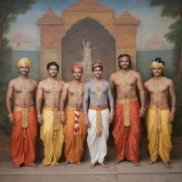 Krishna and the Five Pandavas standing together in traditional attire with a historic Indian backdrop