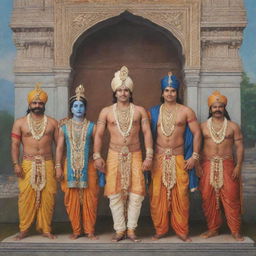 Krishna and the Five Pandavas standing together in traditional attire with a historic Indian backdrop