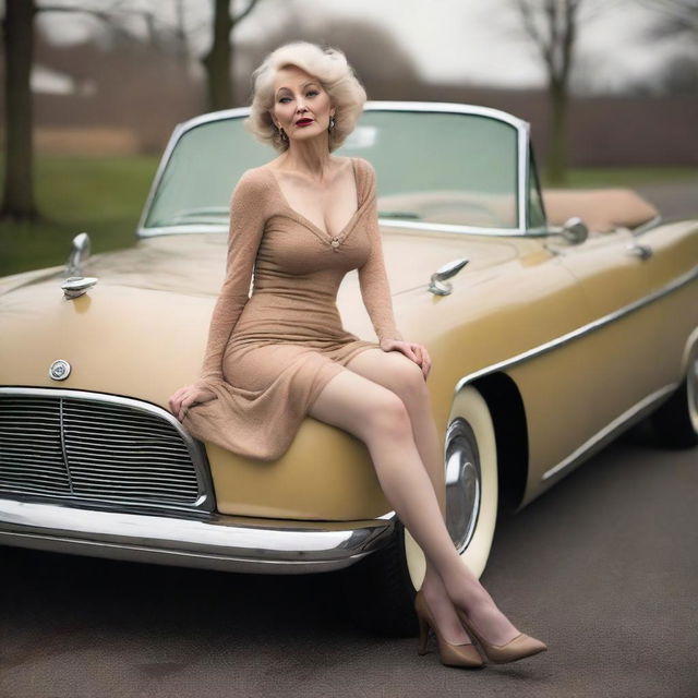 An ultra-realistic photograph showcases a thin 60-year-old woman in a vintage-inspired outfit, lying on a car