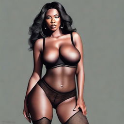 A highly detailed, photo-quality digital art illustration of a trans woman with large breasts