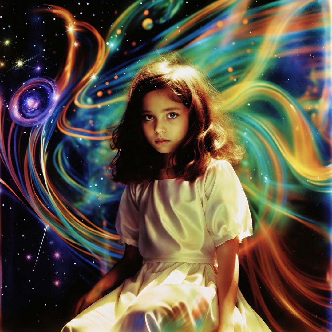 Unfiltered photograph within a quantum dreamscape featuring a sad young girl amidst vibrant colors and abstract shapes.