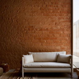 A simple aesthetic room that includes a cozy sofa and a rugged brick wall contributing to a warm, inviting space.