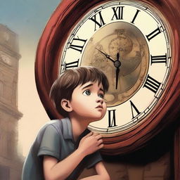 A high-quality digital art image depicts a young boy in a desperate embrace with the large hand of a towering clock