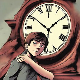 A high-quality digital art image depicts a young boy in a desperate embrace with the large hand of a towering clock