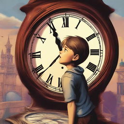 A high-quality digital art image depicts a young boy in a desperate embrace with the large hand of a towering clock