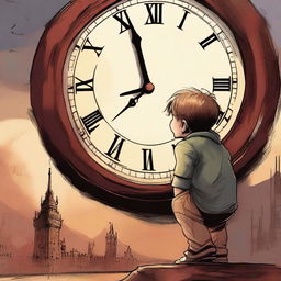 A high-quality digital art image depicts a young boy in a desperate embrace with the large hand of a towering clock