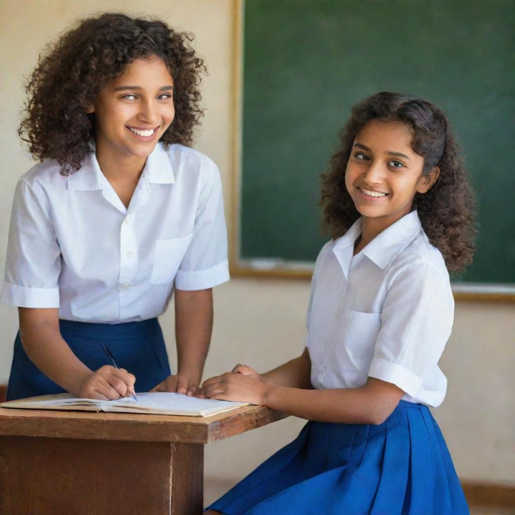 A cheerful 14-year-old Indian girl with curly hair, a white shirt with tiny horizontal lines, and a blue skirt, admiring a boy of the same age studying on a school podium in a classroom. She has beautiful bright eyes reflecting admiration and youthful curiosity.