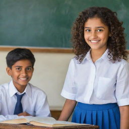 A cheerful 14-year-old Indian girl with curly hair, a white shirt with tiny horizontal lines, and a blue skirt, admiring a boy of the same age studying on a school podium in a classroom. She has beautiful bright eyes reflecting admiration and youthful curiosity.