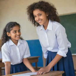 A cheerful 14-year-old Indian girl with curly hair, a white shirt with tiny horizontal lines, and a blue skirt, admiring a boy of the same age studying on a school podium in a classroom. She has beautiful bright eyes reflecting admiration and youthful curiosity.