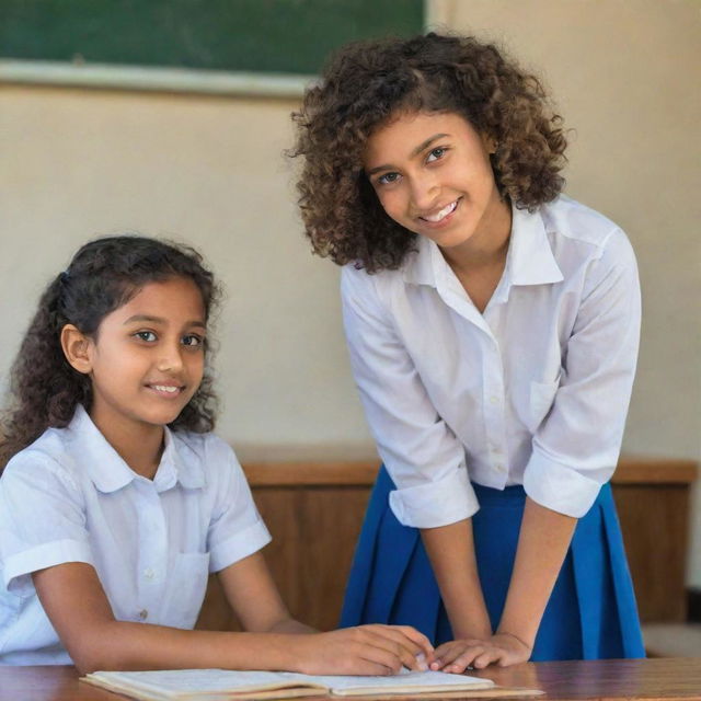 A cheerful 14-year-old Indian girl with curly hair, a white shirt with tiny horizontal lines, and a blue skirt, admiring a boy of the same age studying on a school podium in a classroom. She has beautiful bright eyes reflecting admiration and youthful curiosity.