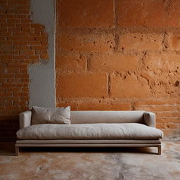 A simple aesthetic room that includes a cozy sofa and a rugged brick wall contributing to a warm, inviting space.