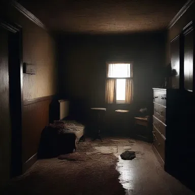 The dimly lit room was filled with an eerie atmosphere of dinginess, making it the perfect setting for a horror movie.