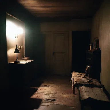The dimly lit room was filled with an eerie atmosphere of dinginess, making it the perfect setting for a horror movie.